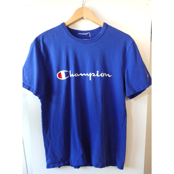 Vintage 90s Champion T Shirt Mens Medium Blue Spell Out Logo Embroidered Tee - Picture 1 of 7